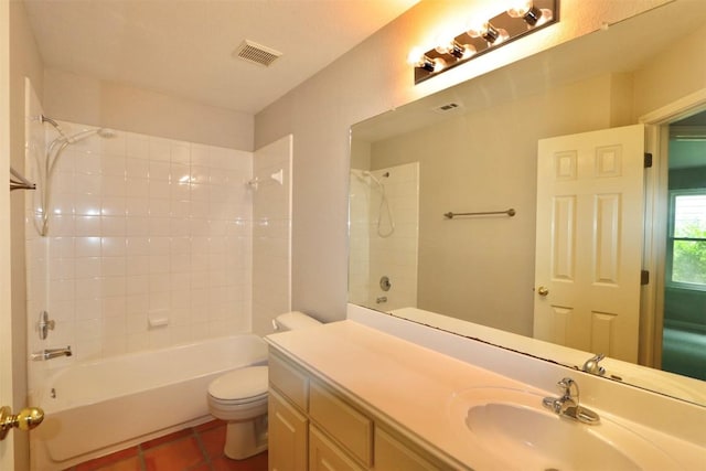 full bathroom featuring tile patterned flooring, vanity,  shower combination, and toilet