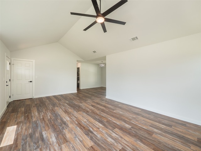 spare room featuring ceiling fan, lofted ceiling, and dark hardwood / wood-style floors