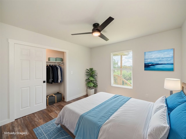 bedroom featuring a closet, ceiling fan, and dark wood-type flooring