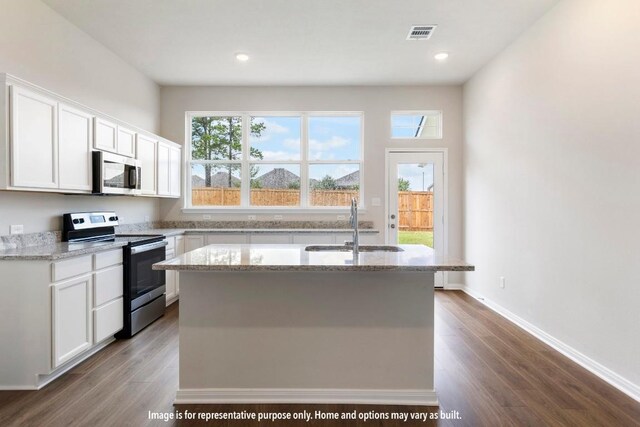 kitchen featuring appliances with stainless steel finishes, plenty of natural light, hardwood / wood-style floors, and a kitchen island with sink