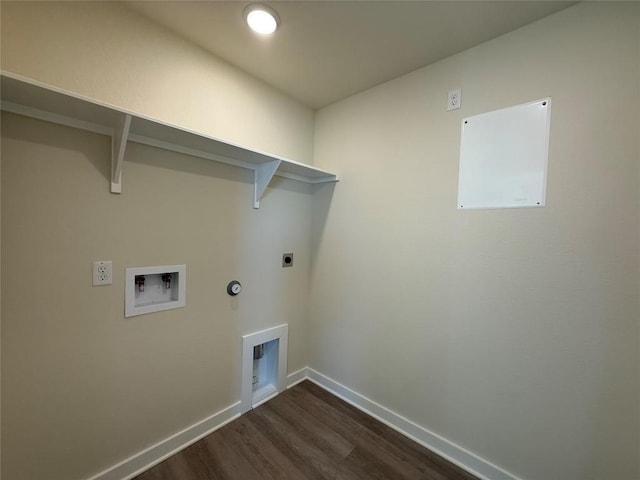 washroom featuring hookup for a gas dryer, electric dryer hookup, dark wood-type flooring, and washer hookup