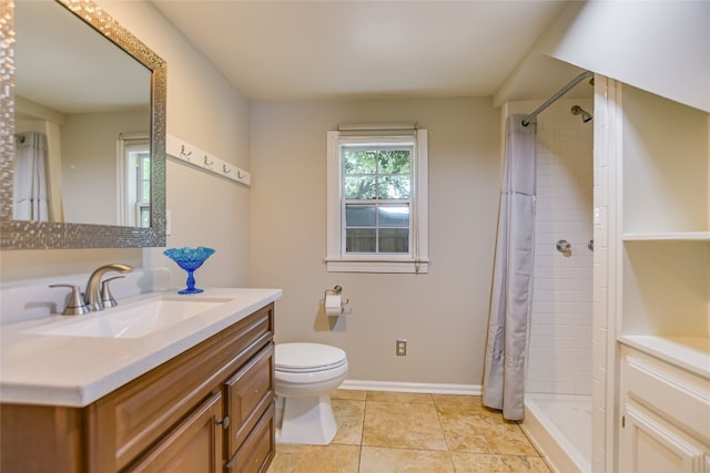 bathroom featuring vanity, curtained shower, tile patterned floors, and toilet