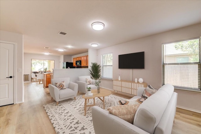 living room with light hardwood / wood-style floors and a healthy amount of sunlight