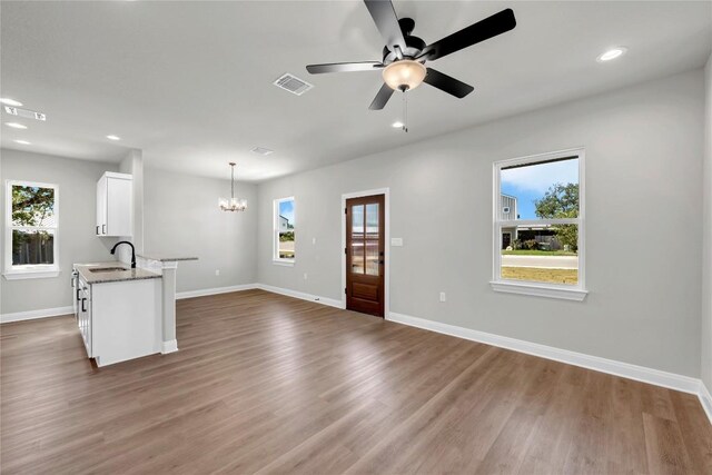 entrance foyer with wood-type flooring, ceiling fan with notable chandelier, and plenty of natural light