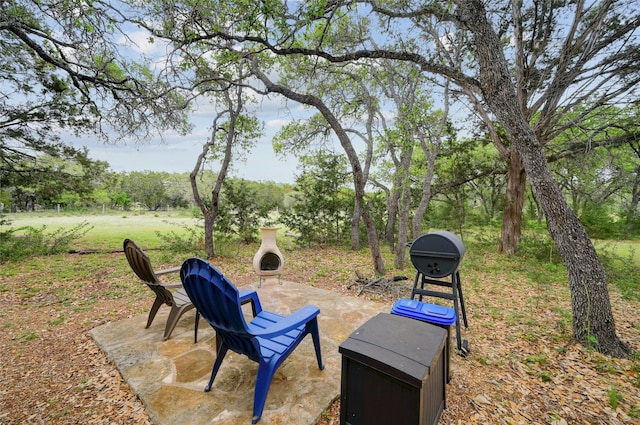 view of patio with exterior fireplace