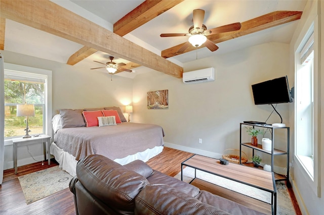 bedroom featuring beam ceiling, ceiling fan, dark hardwood / wood-style floors, and a wall unit AC