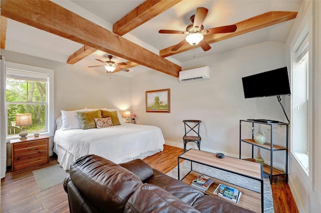 bedroom with ceiling fan, lofted ceiling with beams, a wall mounted AC, and dark hardwood / wood-style flooring