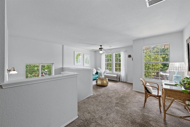 interior space featuring carpet floors, ceiling fan, and a textured ceiling