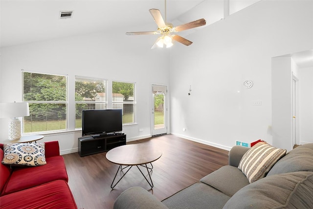 living room featuring dark hardwood / wood-style floors, high vaulted ceiling, and ceiling fan