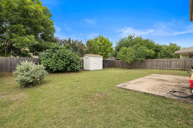 view of yard with a storage unit and a patio area