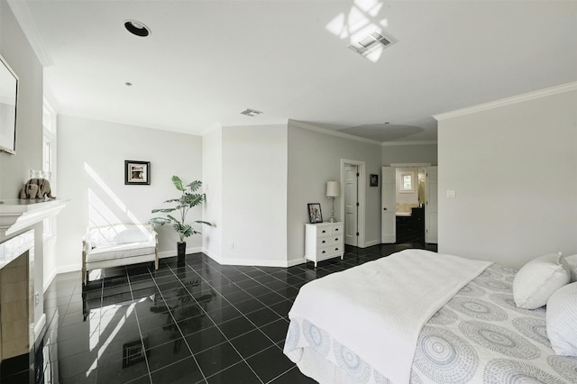 tiled bedroom featuring ornamental molding, multiple windows, and a fireplace