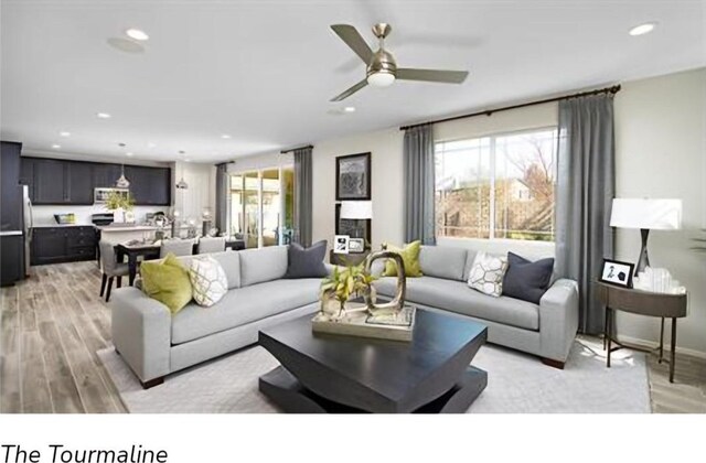 living room with a wealth of natural light, ceiling fan, and light wood-type flooring