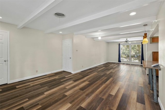 unfurnished living room with baseboards, visible vents, a ceiling fan, dark wood finished floors, and beam ceiling