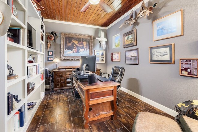 office space featuring ceiling fan, wood ceiling, and ornamental molding