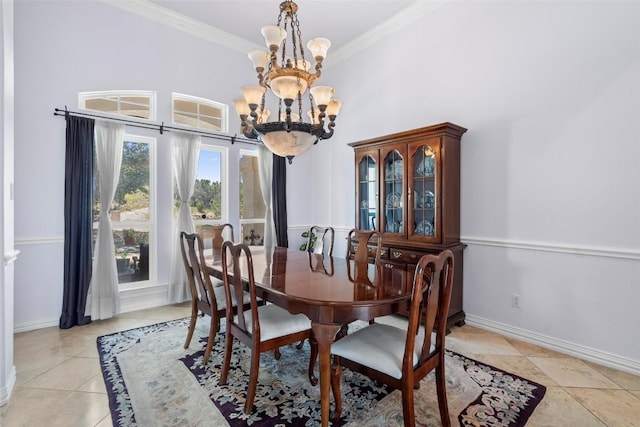 dining room with crown molding, baseboards, light tile patterned floors, a high ceiling, and a notable chandelier