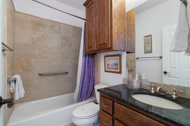 full bathroom with shower / bathtub combination with curtain, vanity, and toilet