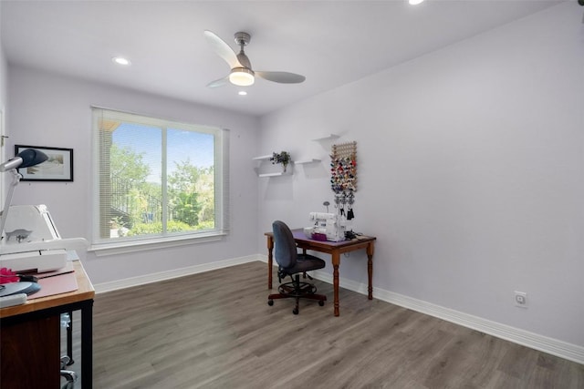 home office with recessed lighting, baseboards, wood finished floors, and a ceiling fan