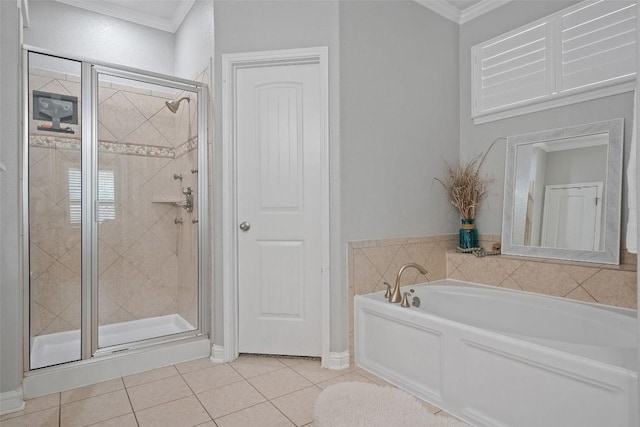 bathroom featuring tile patterned floors, independent shower and bath, and crown molding