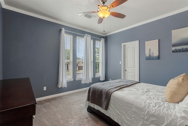 bedroom with carpet floors, ceiling fan, and ornamental molding