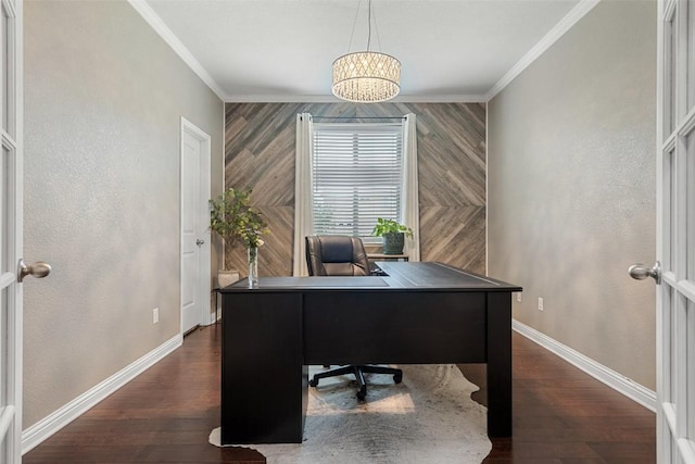 office space with crown molding, dark hardwood / wood-style flooring, a chandelier, and french doors