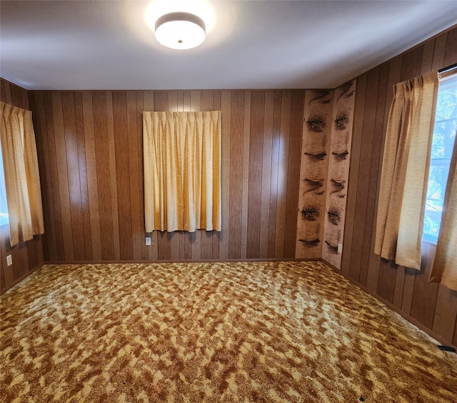 unfurnished room with carpet floors and wood walls