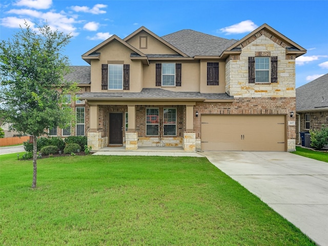 craftsman-style house featuring central AC unit, a garage, and a front lawn