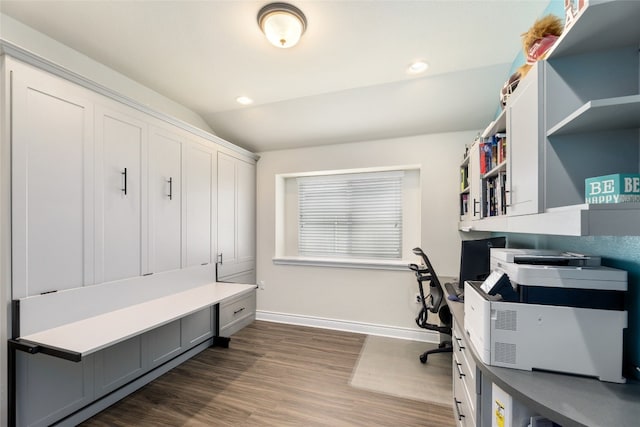 office featuring lofted ceiling and dark hardwood / wood-style flooring