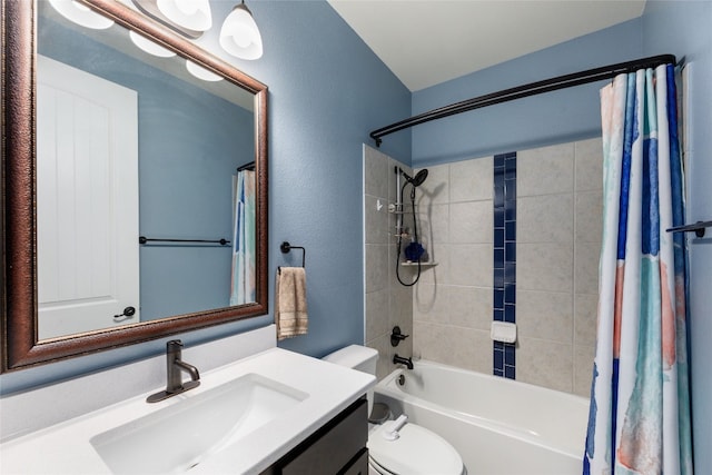 full bathroom featuring vanity, shower / tub combo with curtain, and toilet