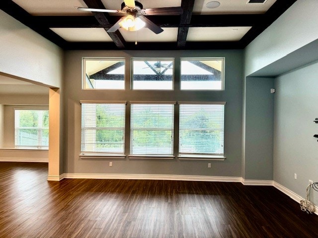 spare room featuring beamed ceiling, coffered ceiling, ceiling fan, and dark hardwood / wood-style floors