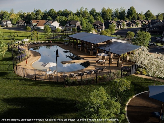 view of swimming pool with a yard and a gazebo