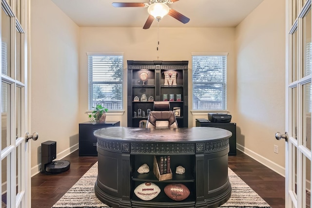 office space with ceiling fan, french doors, and dark wood-type flooring