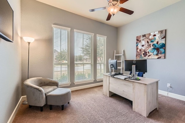 office featuring carpet, a ceiling fan, and baseboards