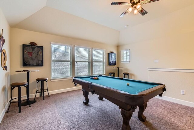 game room with a wealth of natural light, carpet flooring, and vaulted ceiling