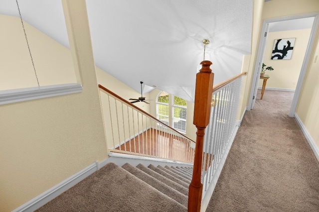 stairway with carpet flooring, ceiling fan, and lofted ceiling