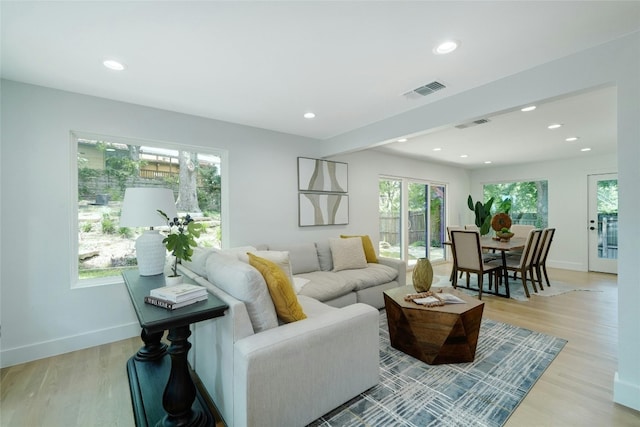 living room featuring plenty of natural light and light hardwood / wood-style flooring