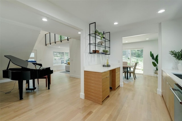 interior space featuring recessed lighting, light countertops, stainless steel dishwasher, light wood-type flooring, and baseboards