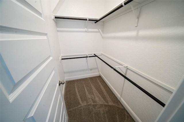 walk in closet featuring dark carpet