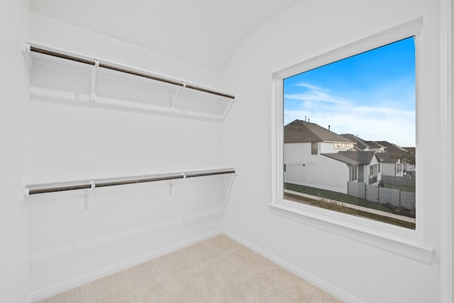 spacious closet with lofted ceiling and carpet floors