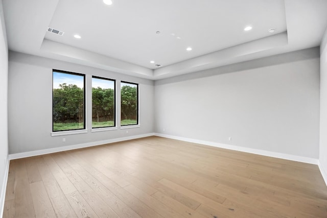 spare room with light wood-type flooring and a tray ceiling