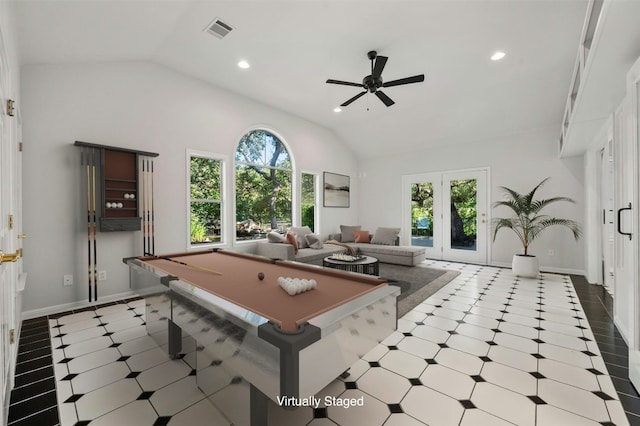 game room featuring ceiling fan, tile patterned floors, lofted ceiling, and pool table