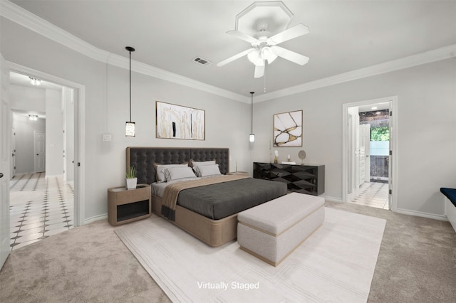 carpeted bedroom with crown molding, connected bathroom, and ceiling fan