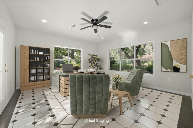 living room featuring ceiling fan