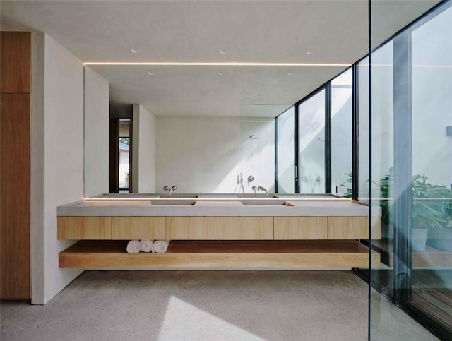 bathroom featuring vanity and a shower with shower door