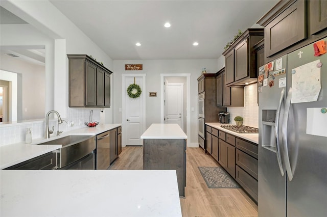 kitchen with a center island, decorative backsplash, light wood-type flooring, and stainless steel appliances