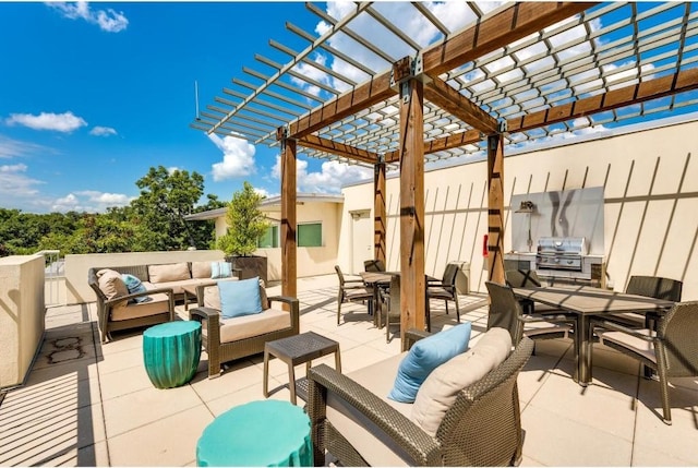 view of patio featuring an outdoor living space, a pergola, and a grill