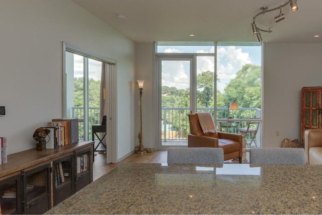 interior space with floor to ceiling windows and track lighting