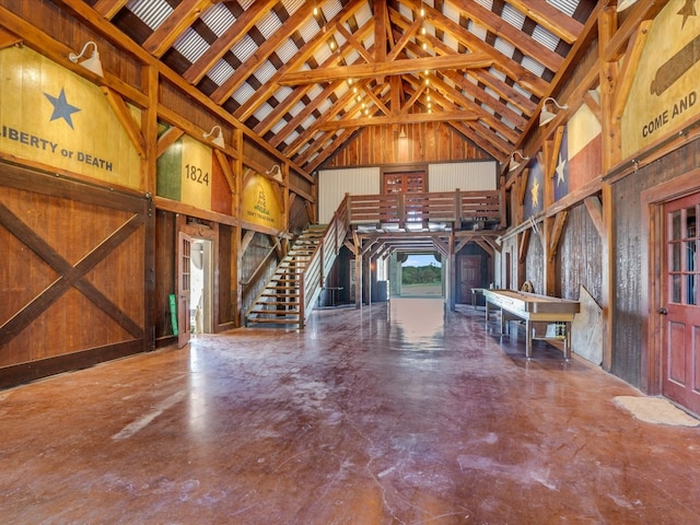 garage with wood walls