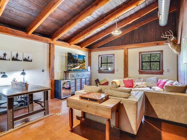 living room featuring vaulted ceiling with beams and wooden ceiling