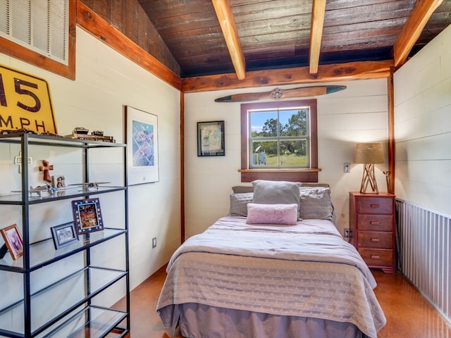 bedroom with wood ceiling and lofted ceiling with beams