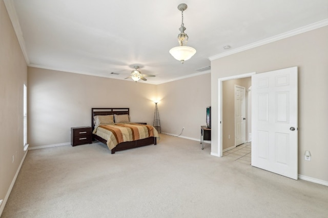 carpeted bedroom featuring crown molding